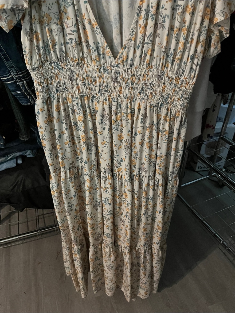 Pinch Cream Floral V-Neck Smocked Maxi Dress - Picture 4 of 4